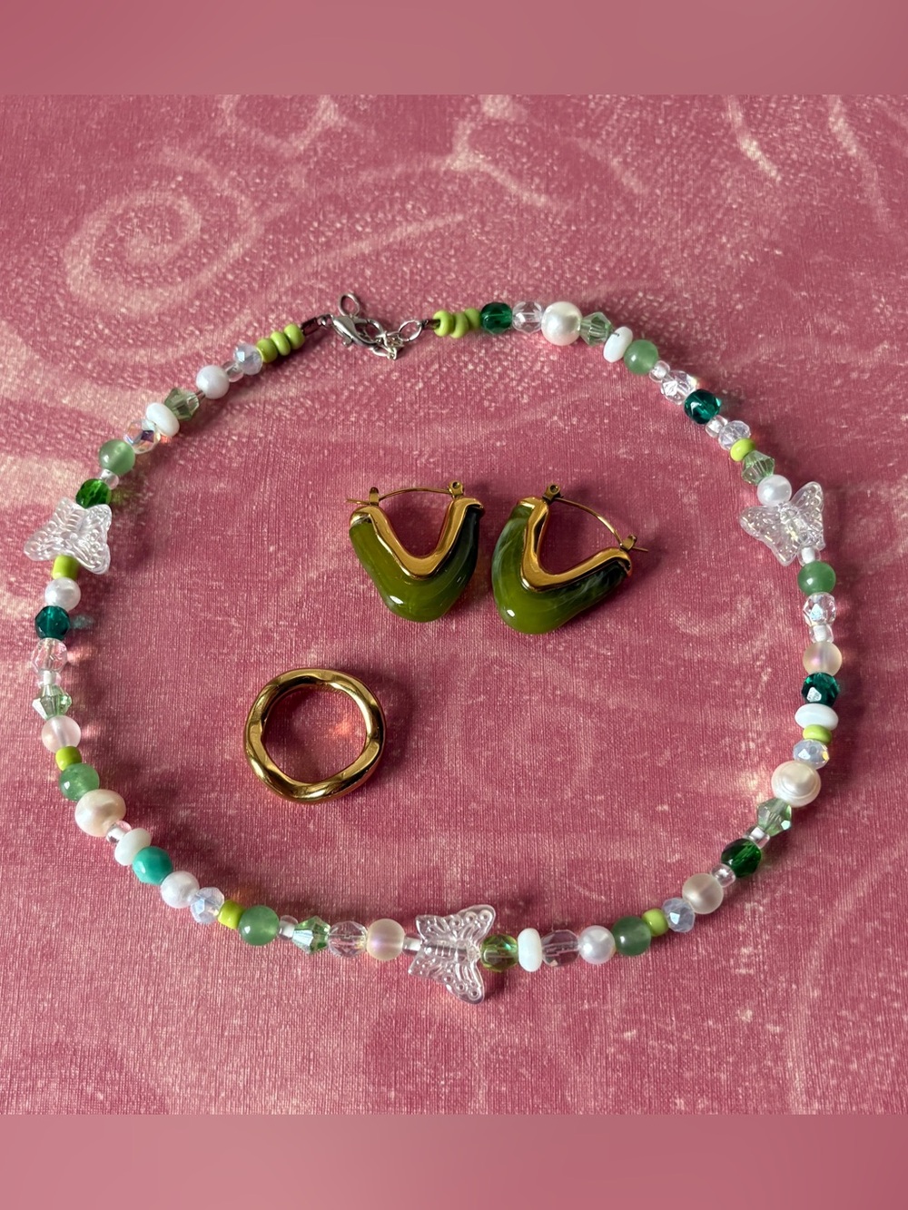 Green Beaded Necklace with Gold Accents & Jewelry Lot